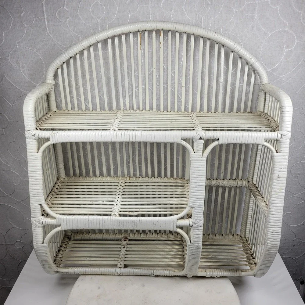 VTG Wrapped Rattan Wicker Shelf White Arched 3 Tier Boho Storage Cabinet